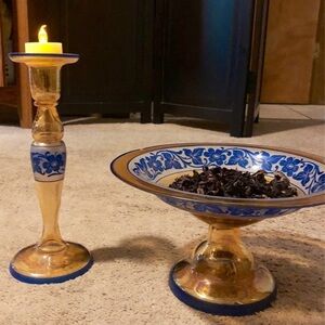 Blue and Gold Decorative Candle Holder and Bowl Set